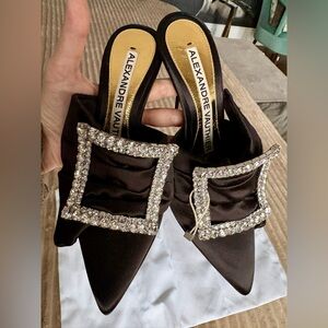 Black Satin Crystal Buckle Pointed-Toe Mules, Alexandre Vauthier